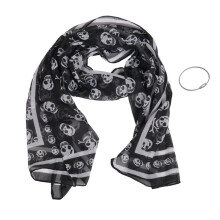 4X Black Chiffon Silk Feeling Skull Print Fashion Long Scarf Shawl Scaf Wrap for Women + Keyring