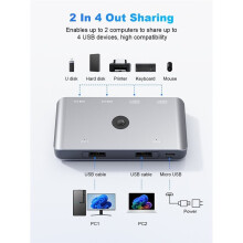 USB 3.0 para Compartilhamento de 4 Dispositivos USB-A Entre 2 Computadores, Compatível com Teclado, Mouse, Impressora e Scanner.