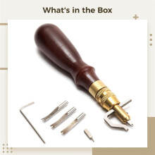 Kit de Herramientas para Trabajar el Cuero con Cuchillo Giratorio de Mango de Madera, Juego de Corte y Estampado Ajustable para Proyectos de Bricolaje