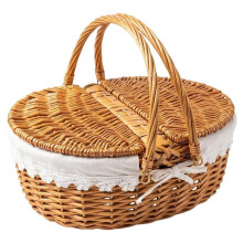 Wicker Picnic Basket with Lid,Wicker Basket with Handle and Liner,Handmade Shopping Basket,Braided Wicker Picnic Basket