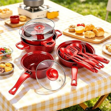 13Pcs Non-Stick Cookware Set, Cast Iron Pots & Pans with Glass Lids & Utensils for Camping Picnic Travel Red