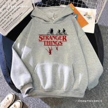 (rice white, M) Stranger Things Print Pullover Hoodie Fleece Jacket Sweatshirt Unisex Loose Warm Hooded Top