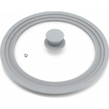 Tampa de vidro cinza universal para panelas e frigideiras, compatível com diâmetros de 16, 18 e 20 cm, com borda de silicone e válvula de es