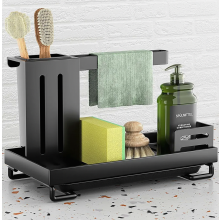 Čierny organizér na drez s odtokovou miskou, držiakom na špongiu a utierku z nehrdzavejúcej ocele, ľahko inštalovateľným držiakom na kuchyn