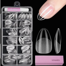 Gelnageltips, korte amandelvormige plaknagels set, 120 stuks in 11 maten, transparante kunstnageltips met lijm en buffer.