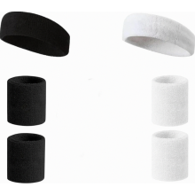 Set van 6 zweetbanden, sporthoofdband en polsbanden, gestreepte badstof zweetbanden voor training, basketbal, vochtregulatie.