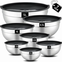 7-delige roestvrijstalen mengkommenset met deksels, stapelbare saladekommen, vaatwasmachinebestendig, 5L, 4,5L, 4L, 2,4L, 1,7L, 1,2L