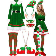 (Green, XL) Women's Christmas Elf Costume Set Velvet Dress with Belt Striped Over-Knee Socks and Elf Hat Holiday Outfit