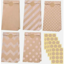 50 Bolsas pequeñas de papel marrón, 18 x 9 x 5,5 cm, Bolsas de regalo Kraft con 60 pegatinas para Navidad, cumpleaños, bodas, Adviento.