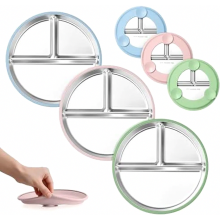 3 Piece Stainless Steel Toddler Plate Set with Suction Base, Divided Baby Plates with Non-Slip Silicone Sleeve, Dishwash