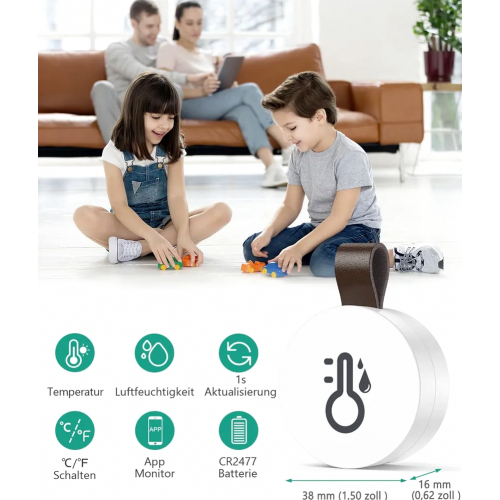Bluetooth Thermometer Hygrometer, Mini Indoor Temperature Humidity Sensor with App, Data Export, Compatible with iOS and 1