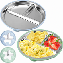 2 Pack Stainless Steel Kids Plates with Suction Base, Non Slip BPA Free, Removable Silicone Bottom, Divided Plate for Ch