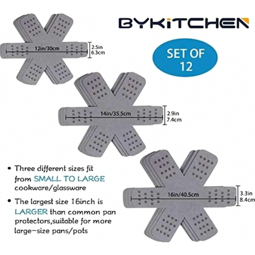 12 Pack Felt Pan Protectors, 3 Sizes Thick Stackable Pot and Bowl Separators, Grey Non Slip Cookware Protectors for Pans 2