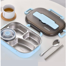 304 Stainless Steel Lunch Box with 4 Compartments, Fork and Spoon, Dessert Cup, 1500 ml Bento Food Container for Hiking,