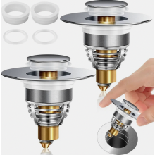 Confezione da 2 tappi di scarico a scomparsa in acciaio inox per lavabo con 2 guarnizioni, colore argento.