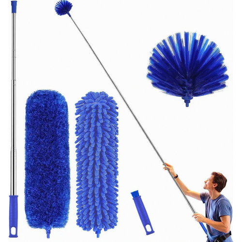 Kit de limpeza para espanadores com cabo telescópico extensível de 2,54 m (100 polegadas), espanador flexível reutilizável e lavável.