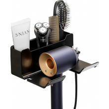 Suporte para secador de cabelo preto, sem necessidade de furar, com organizador de cabos e prateleira de armazenamento, suporte autoadesivo