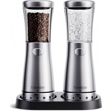 Conjunto de 2 moedores elétricos de sal e pimenta, em aço inoxidável, recarregáveis, com luz LED, moedor de cerâmica ajustável e fácil de li