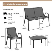 4-delige terrasset - metalen frame, stoffen zittingen, glazen tafel