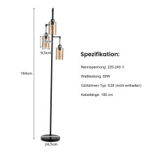 Amberkleurige glazen vloerlamp, 3 kappen, voetschakelaar, metalen voet