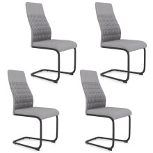 Set van 4 grijze eetkamerstoelen zonder armleuningen met hoge rugleuning.