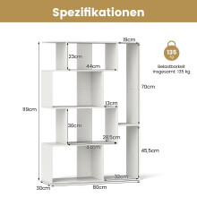 Witte boekenkast met 6 vakken en anti-kantelbeveiliging.