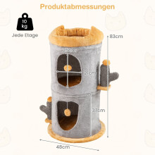 Kattenhuis met twee verdiepingen, knusse holletjes en pluche ballen.