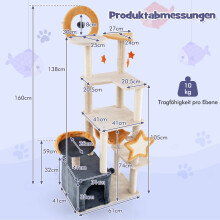 160 cm hoge krabpaal met sisalpalen en kattenverblijf op meerdere verdiepingen