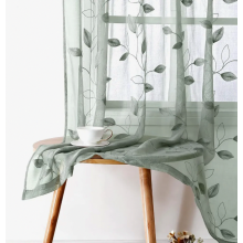 Šalviovo zelené priehľadné závesy 52 x 63 palcov, 2 panely, vyšívaný listový vzor, ľanový vzhľad, polopriehľadné voálové závesy