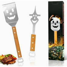 Lot de 2 spatules de barbecue 7 en 1 avec motif flamme, en acier inoxydable avec manche en bois, spatule multifonctionnelle