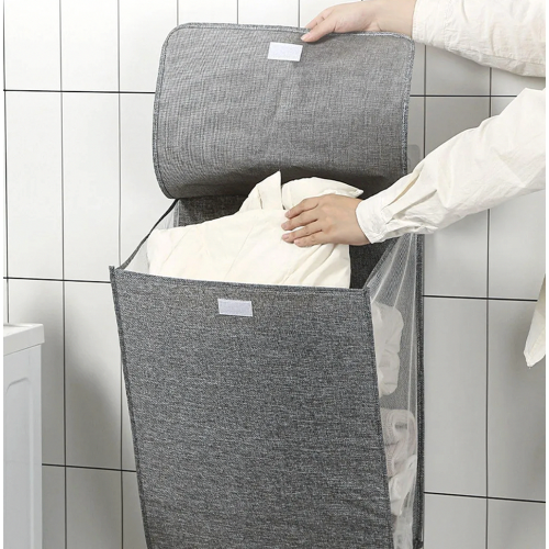 Foldable 60L Laundry Basket with Lid and Handles, Hanging Laundry Hamper, Breathable Laundry Organizer, Grey 2