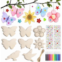 57-delige knutselset voor kinderen, houten hangers met vlinders, bloemen en vogels om te beschilderen, creatieve doe-het-zelfset met aquarel