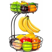 Zweistöckiger Obstkorb aus Metall mit Bananenhalter, moderne freistehende Obstschale für die Küche, dekorativer Gemüsekorb