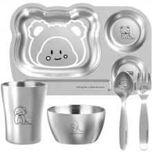 Edelstahl-Babygeschirr-Set, 5-teiliges wiederverwendbares Geschirrset mit Becher, Schüssel, Teller, Löffel und Gabel für Kinder