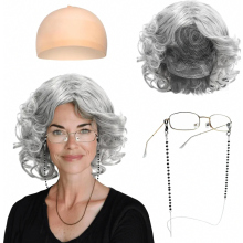 Kostuumset van een oude dame met grijze pruik, bril en ketting, complete accessoire set voor Halloween, Wereldboekendag, gemaskerde bal.