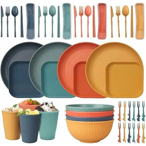 32 Piece Unbreakable Dinnerware Set, Reusable Plastic Camping Tableware for 4, Lightweight Colorful Picnic Dinner Set, F