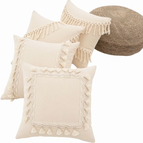 4 Pack Boho Tassel Throw Pillow Covers 45 x 45 cm, Beige Decorative Cushion Covers for Sofa, No Insert