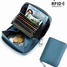 Portafoglio da donna in pelle, porta carte RFID in vera pelle, portamonete in stile giapponese con cerniera, grande capacità, blu