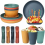 32 Piece Unbreakable Dinnerware Set, Reusable Plastic Camping Tableware for 4, Lightweight Colorful Picnic Dinner Set, F 3