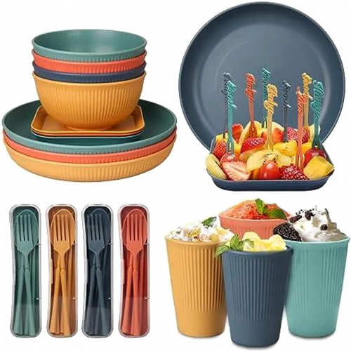 32 Piece Unbreakable Dinnerware Set, Reusable Plastic Camping Tableware for 4, Lightweight Colorful Picnic Dinner Set, F 2