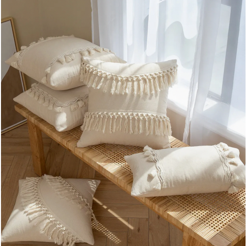 4 Pack Boho Tassel Throw Pillow Covers 45 x 45 cm, Beige Decorative Cushion Covers for Sofa, No Insert 1