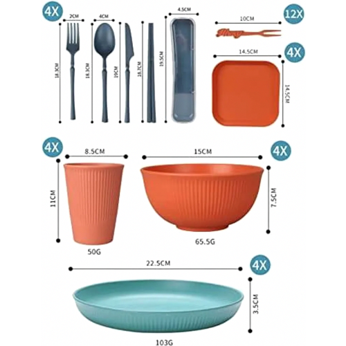 32 Piece Unbreakable Dinnerware Set, Reusable Plastic Camping Tableware for 4, Lightweight Colorful Picnic Dinner Set, F 1