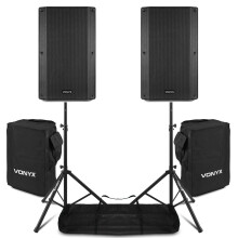 Vonyx VSA150S 15" Active PA DJ Speaker Package with Stands and Cases