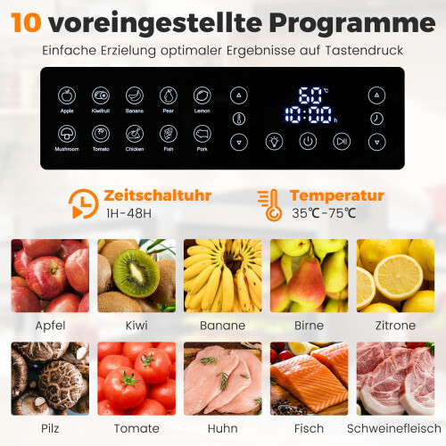 Dörrgerät, 8 Einschübe, 48-Stunden-Timer, 35-75 C, Silber