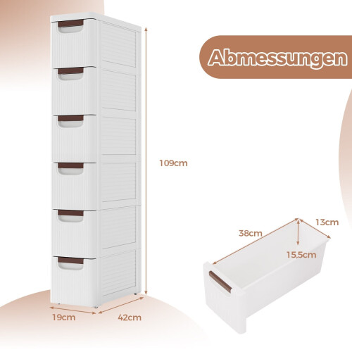 Slanke rolkast met 6 lades, wit, PP-materiaal