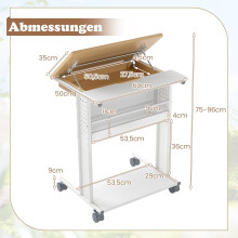 Verrijdbaar laptopbureau met kantelbaar blad, opbergruimte en wielen.