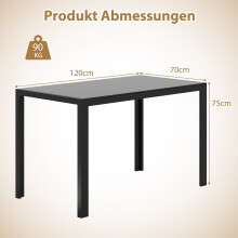 Eettafel voor 4 personen, glazen blad, zwart metalen frame, 120x70x75 cm