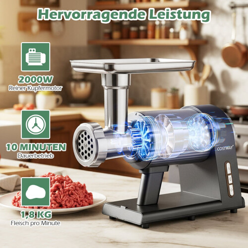 Elektrischer Fleischwolf 2000W, 3 Wurstfüllrohre, Kebbe-Set 2