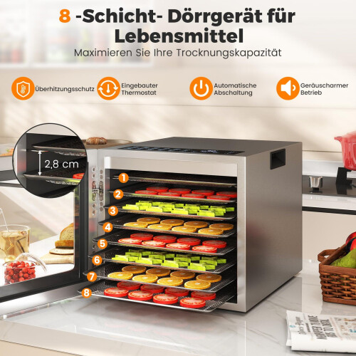 Dörrgerät, 8 Einschübe, 48-Stunden-Timer, 35-75 C, Silber 2