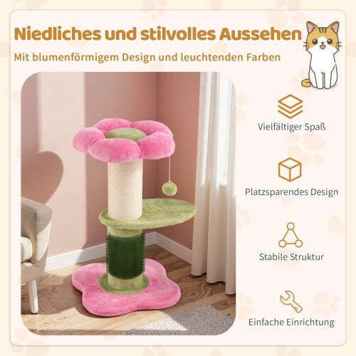 Katzenbaum mit Plüschsitz, Sisalstamm, 69 cm, Rosa 2